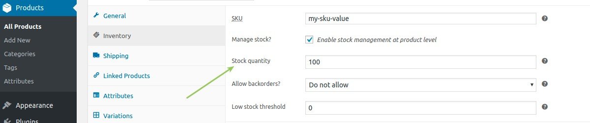 Stock quantity field in product settings page